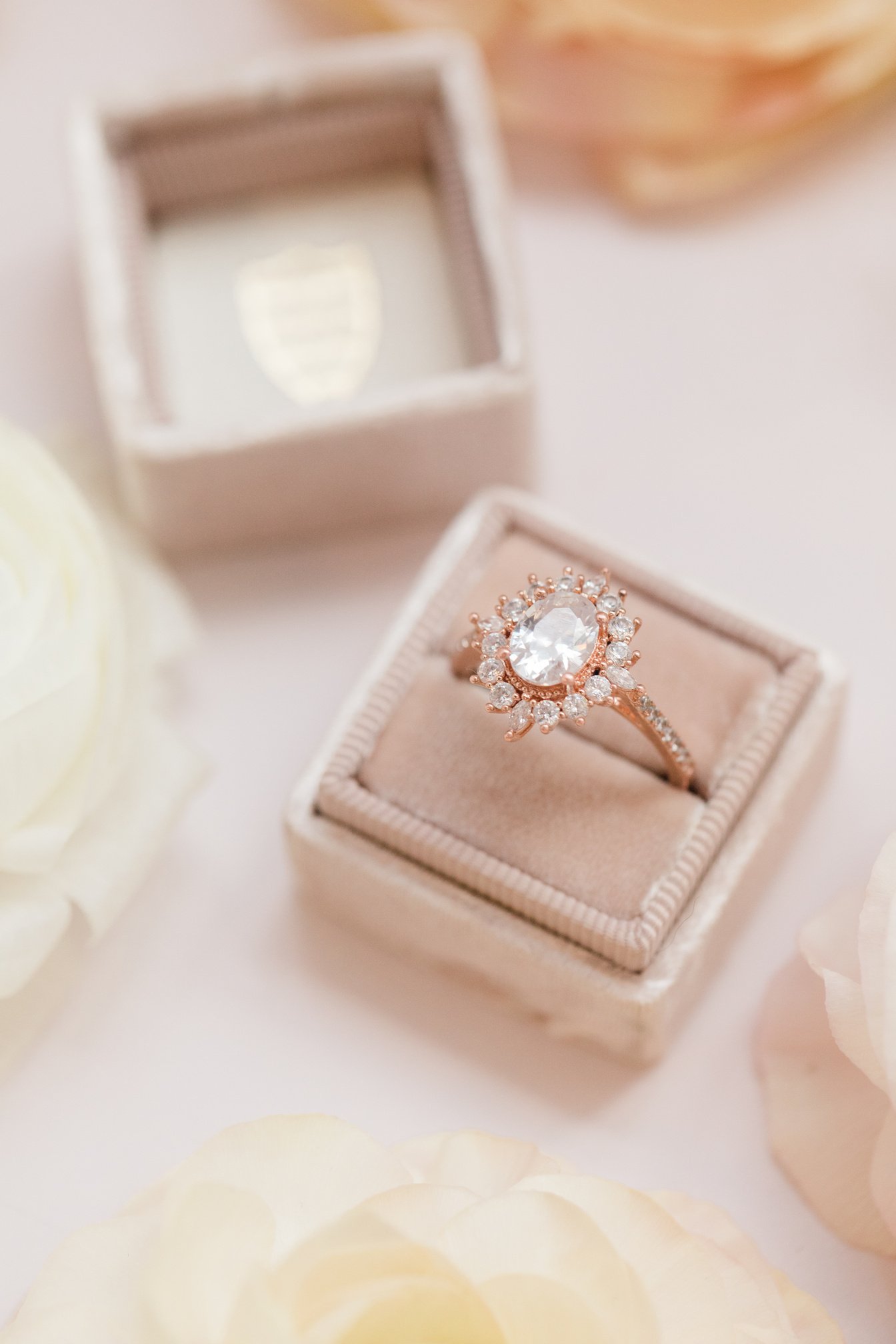 Diamond Ring in a Box Surrounded by Flowers